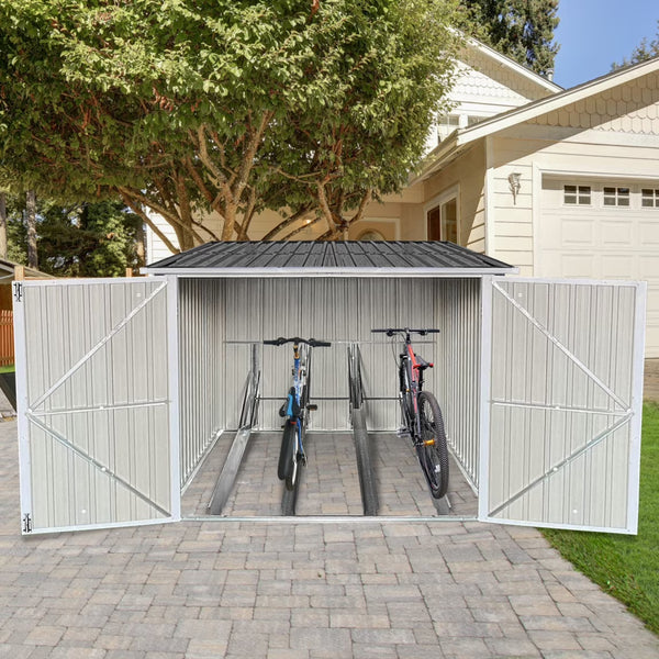 6.3' x 6.1' Outdoor Storage Shed Clearance, Metal Outdoor Storage Cabinet with Double Lockable Doors, Waterproof Tool Shed, Stores 4 Bikes, Backyard