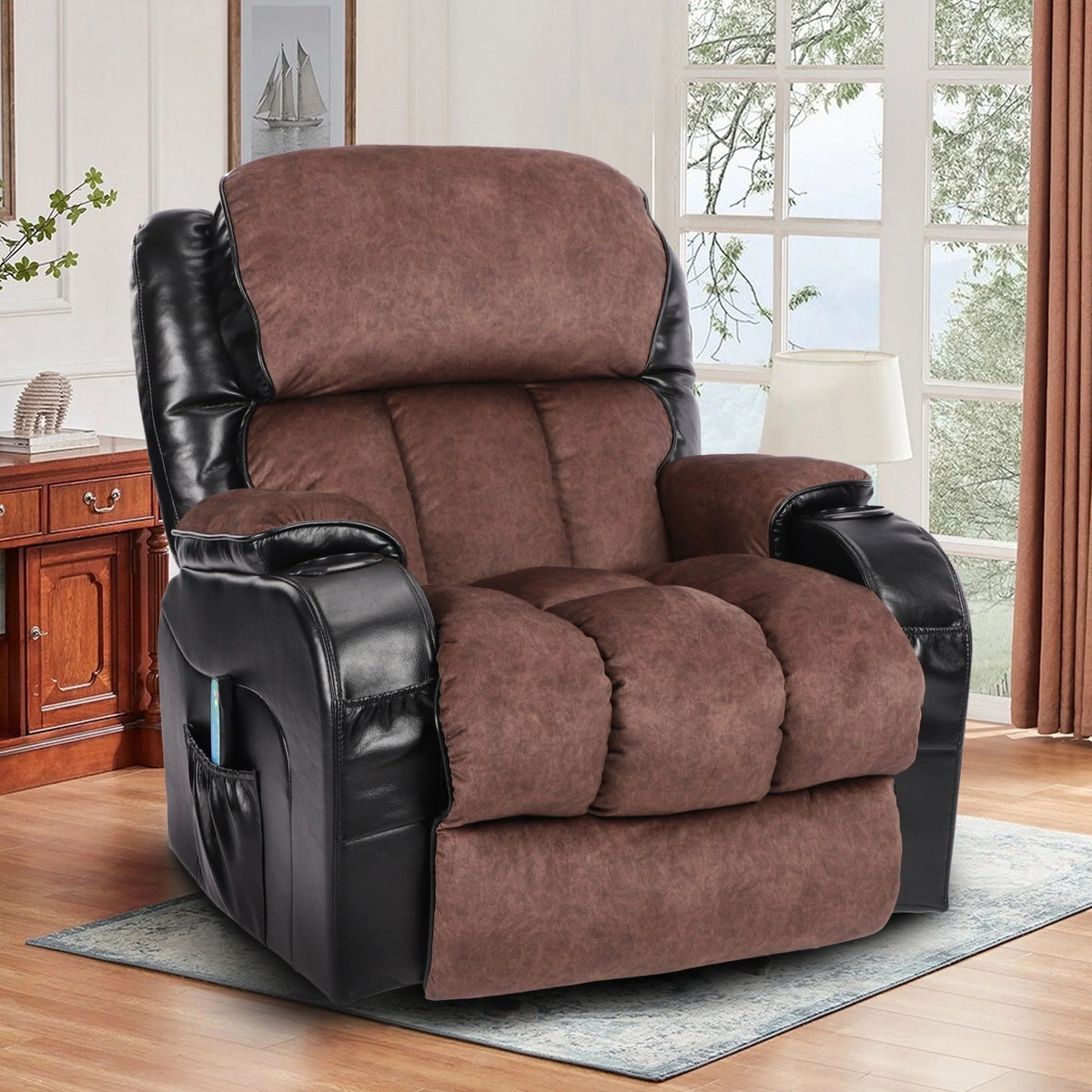 Leather Massage Recliner Chair, Modern Electric Power Rocker with Heated Massage, Ergonomic Lounge Chair, SEGMART Single Sofa Seat with Drink Holders