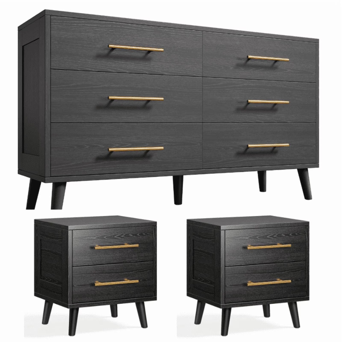 Noelse 3 Piece Bedroom Furniture Set, 6 Drawer Dresser with 2 Nightstands, Modern Wood Storage Organizer with Metal Handles for Bedroom, Living Room