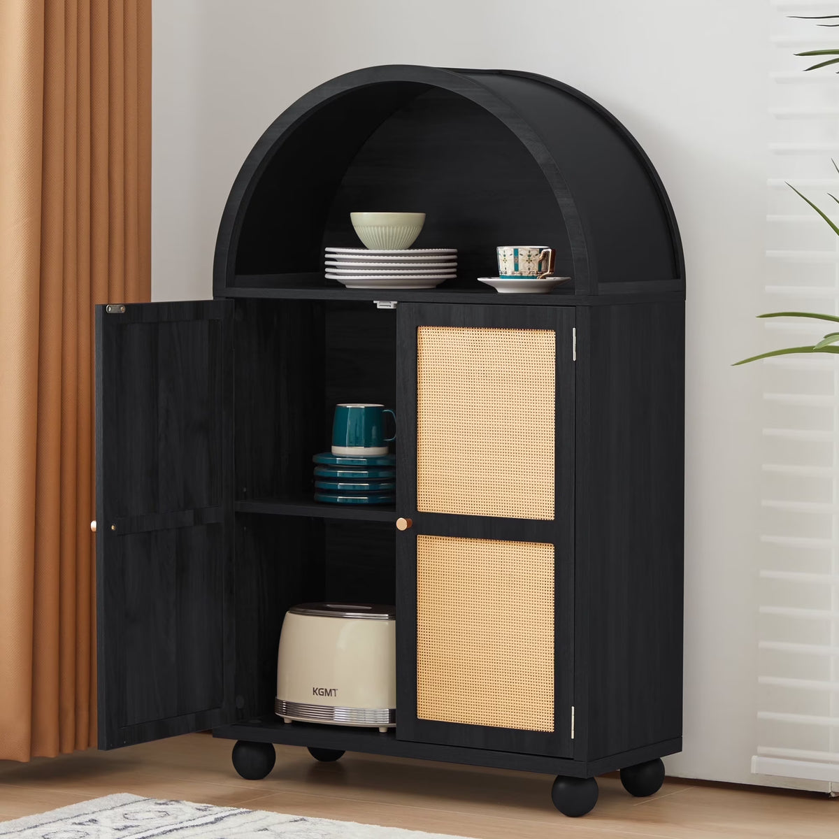 Wirrytor Arched Kitchen Storage Cabinet, Sideboard Buffet Cabinet with 2 - Tier and 2 Doors, Black Sideboard, Kitchen Pantry Cabinet, Wooden Storage