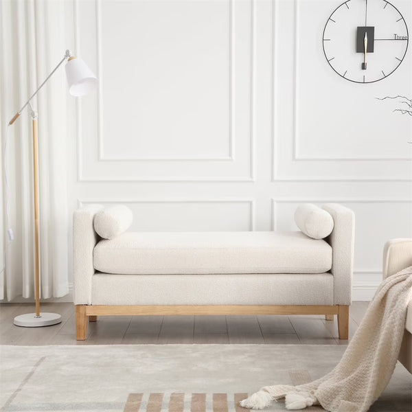 53.5"w Elegant Upholstered Bench with Wood Legs & Round Pillows, Comfy Boucle Fabric Footrest with Arms, Entryway Bench for End of Bed, Bedroom and