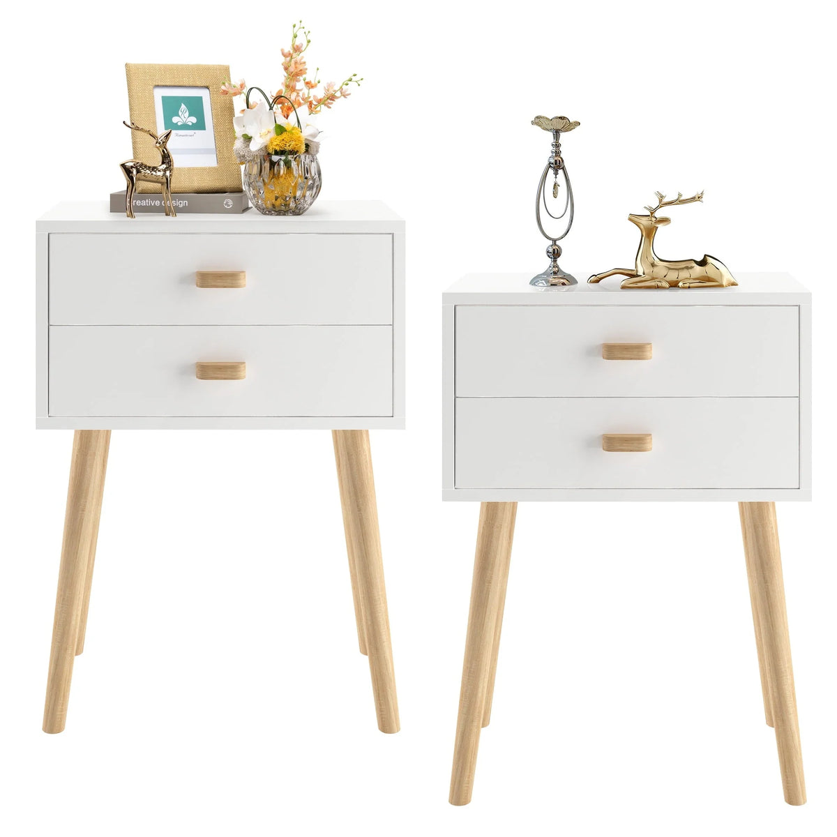 Syngar Nightstand Set of 2, Bedroom Bedside Table with 2 Drawer Storage Shelf, Simple Modern Night Stand End Table with Wood Handle, Easy Assembly