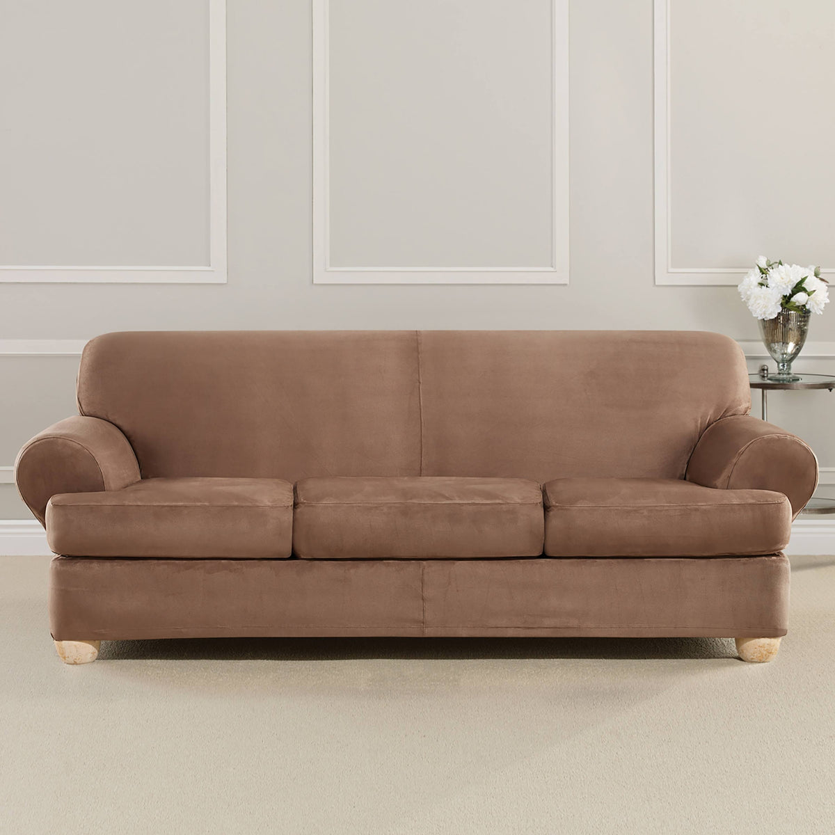 Sure Fit Ultimate Stretch Suede 4-Piece T-Sofa Slipcover, Luggage Brown