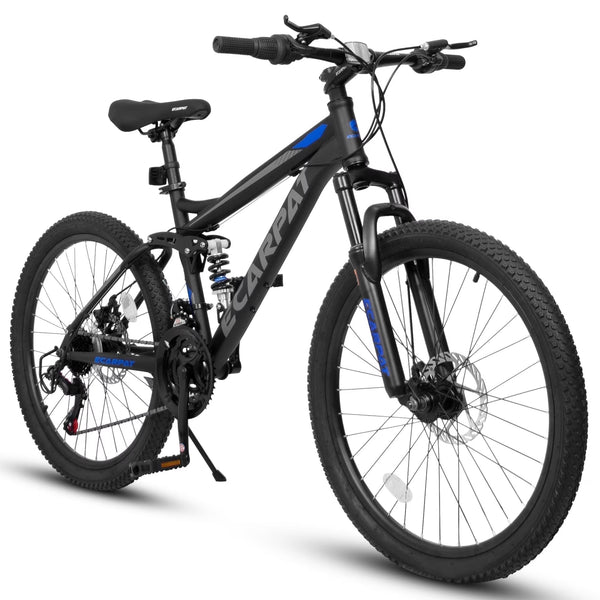 24 in Dual/Front Suspension Mens Womens Mountain Bike, 21 Speeds Dual Disc Brake, High - Carbon Steel Frame, Trail Beach Snow Commuter City Bikes