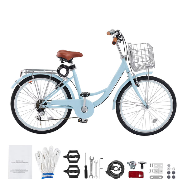 KFFKFF 24" Cruiser Bike, 7 - Speed, Sky Blue Coastal Cycle with Spacious Basket and Back Stand, Reliable & Robust Leisure Bicycle with Modifiable