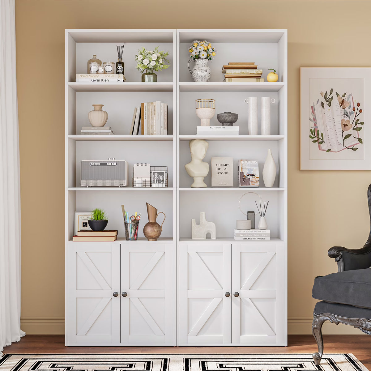 Furmax 1 Piece 4 - Shelf Farmhouse Bookcases 4 - Tier Bookshelf with Adjustable Shelves&Doors, Storage Cabinet for Home Living Room, Kitchen, Office